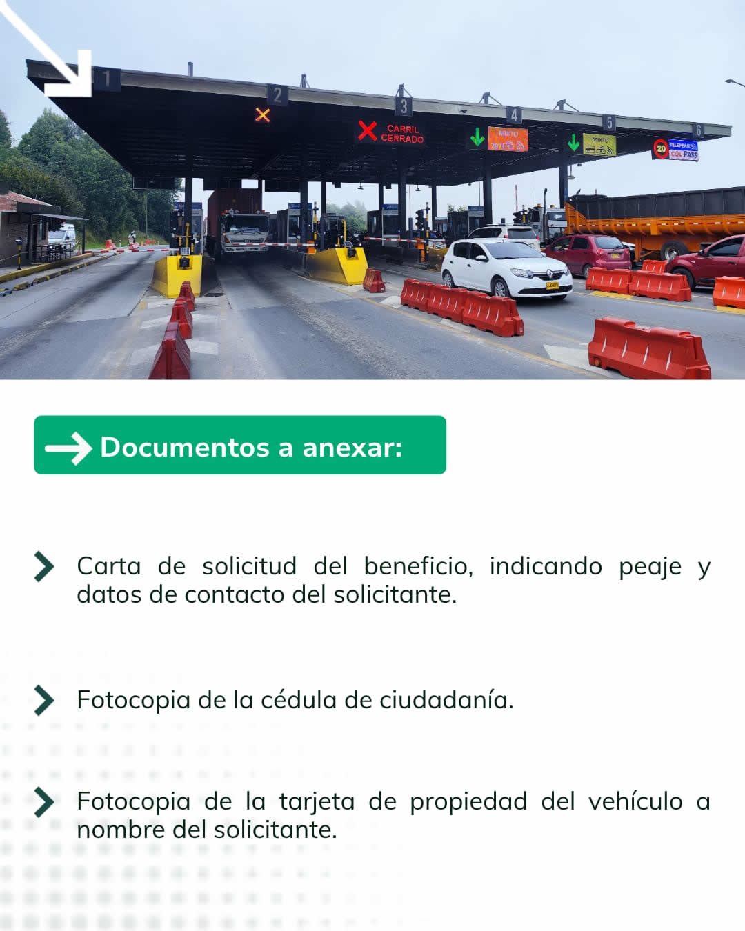 Documentos a anexar: Carta de solicitud, fotocopia de cédula de ciudadanía y tarjeta de propiedad a nombre del solicitante