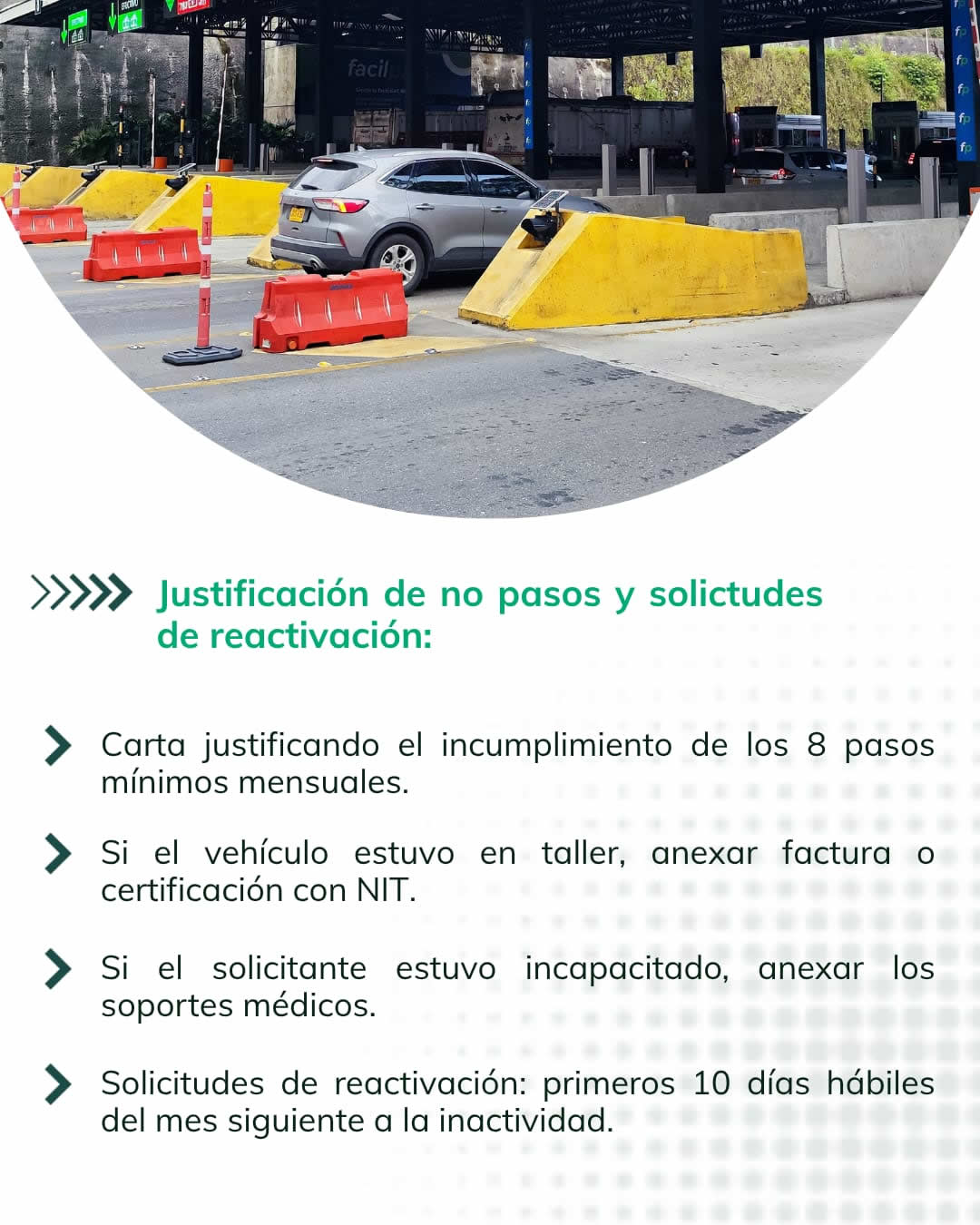 Justificación de no pasos (incumplimiento de 8 pasos mensuales) y solicitudes de reactivación dentro de los primeros 10 días hábiles